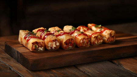 A vibrant display of delicious spring rolls garnished with sauce and sesame seeds on a rustic wooden platter, perfect for any dining occasion.の素材