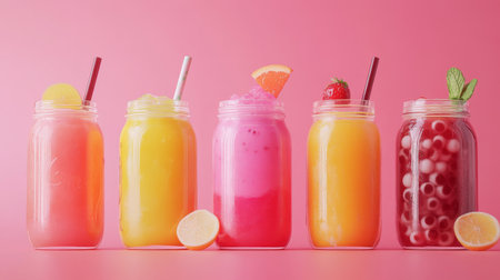 A vibrant collection of colorful refreshing drinks displayed in glass jars against a pink background, capturing the essence of summer and fun gatherings.の素材