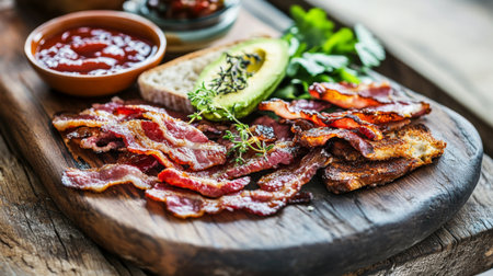 A beautifully arranged plate featuring crispy bacon, fresh avocado, greens, and sliced bread. Perfect for a rustic breakfast or brunch setting.の素材
