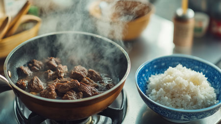 A mouthwatering scene of tender beef sizzling in a skillet alongside a bowl of fluffy rice. The steam rising captures the essence of a warm, inviting meal.の素材