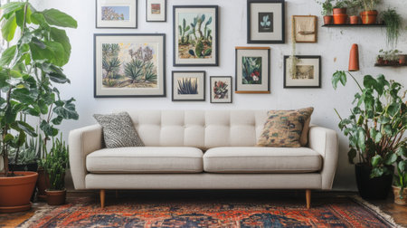 A stylish living room featuring a cozy light-colored sofa against a vibrant gallery wall filled with succulent-themed art, surrounded by lush plants.の素材