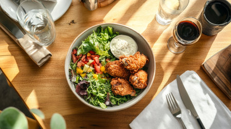 A vibrant salad bowl featuring crispy chicken wings served with fresh greens, tomatoes, and mango. Perfect for a healthy dining experience.の素材