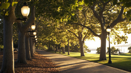 A picturesque tree-lined pathway illuminated by elegant street lamps at sunset, creating a serene atmosphere perfect for evening strolls and relaxation.の素材