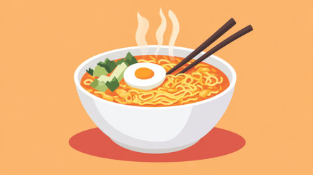 A vibrant bowl of ramen noodles steaming with a soft-boiled egg and fresh vegetables. Perfect for conveying comfort and culinary delight.の素材