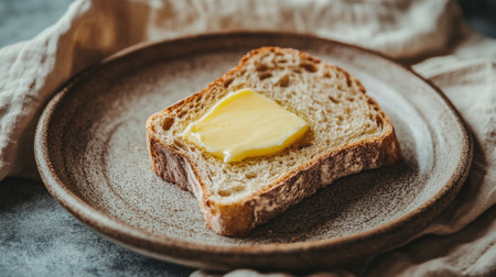 A slice of freshly toasted bread topped with creamy butter sits on a rustic wooden plate. This simple and wholesome scene captures the essence of comfort food perfect for any meal.の素材