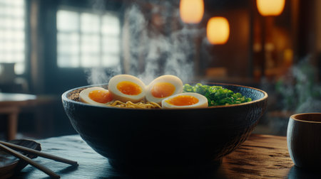A steaming bowl of ramen featuring soft boiled eggs, fresh green onions, and rich noodles. Perfect for food lovers seeking comfort and flavor.の素材