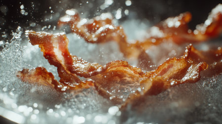 Juicy bacon strips fry in hot oil, creating a delightful crispy texture. This close-up captures the sizzling sounds and savory aroma of cooking bacon.の素材