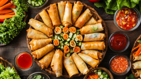 A stunning platter showcasing fresh spring rolls surrounded by vibrant vegetables and dipping sauces. Perfect for gatherings and casual dining experiences.の素材