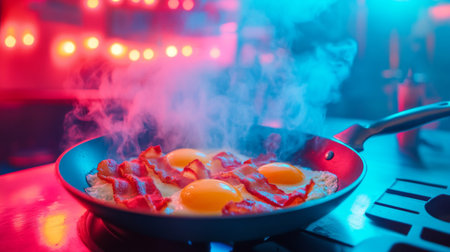 A mouthwatering scene featuring sizzling bacon and fresh eggs in a skillet. The vibrant neon lighting adds an energetic ambiance, making breakfast irresistible.の素材