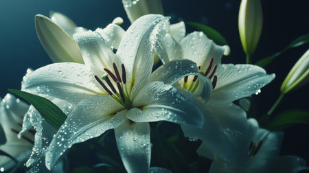 Stunning close-up of white lilies adorned with water droplets, captured in soft light. This image radiates natural beauty and elegance, ideal for floral themes.の素材
