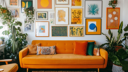 A cozy living room featuring a bright orange sofa, adorned with colorful cushions, surrounded by vibrant artwork and lush indoor plants, creating an inviting atmosphere.の素材