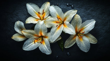 A stunning arrangement of fresh white lilies adorned with water droplets, set against a dark background. This image evokes serenity and beauty.の素材