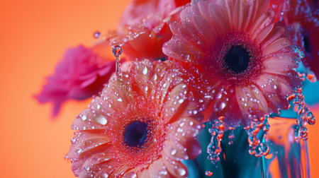 A striking closeup of vibrant gerbera daisies adorned with dew drops, set against a warm orange background. The image captures the beauty of nature, showcasing freshness and color.の素材