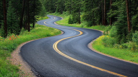 A picturesque winding road meanders through a lush green forest adorned with vibrant wildflowers, providing a serene and tranquil feel amidst nature's beauty.の素材