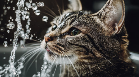 A charming close-up of a tabby cat captivated by water droplets, showcasing its playful nature and expressive features. Perfect for pet lovers!の素材