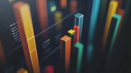 Vibrant representation of data through colorful 3D bar graphs showcasing trends and metrics for business and analysis. Ideal for financial and tech themes.の素材