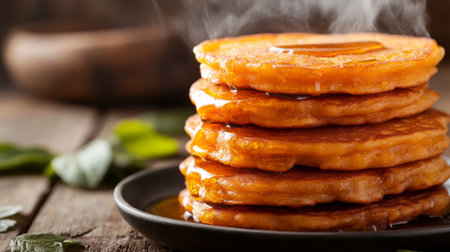A stack of fluffy pancakes drizzled with syrup, exuding warmth and comfort. Perfect for breakfast or brunch, these golden treats are ideal for food lovers.の素材