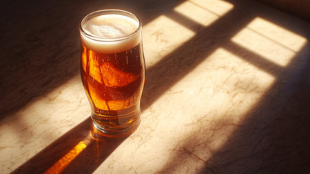A close-up view of a glass filled with amber beer, showcasing a frothy head in warm sunlight. The marble surface adds texture to this refreshing beverage.の素材