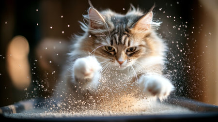 A playful cat is captured mid-air, leaping into a cloud of dust, showcasing its fluffy fur and curious expression in a dynamic indoor setting.の素材