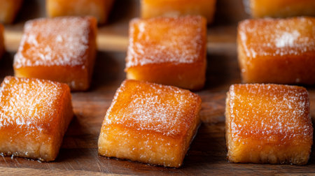Irresistible golden brown square desserts with a sugar dusting, presented beautifully on a wooden surface. Perfect for food lovers and dessert enthusiasts.の素材