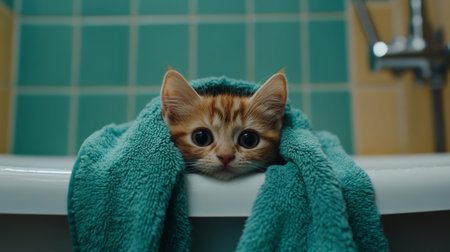 A delightful young kitten peeks curiously from a soft turquoise towel in a bathtub, evoking a sense of warmth and playful innocence.の素材