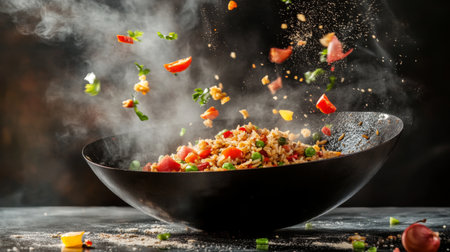 This dynamic image captures colorful ingredients in mid-air above a dark bowl. The scene evokes culinary excitement, freshness, and creativity in cooking.の素材