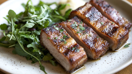 Savory grilled pork belly slices presented over a bed of fresh green salad, garnished with herbs. A perfect dish for culinary enthusiasts and food lovers.の素材