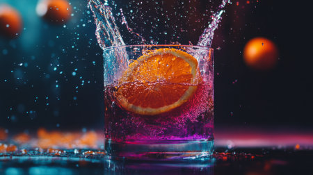 A vibrant glass of refreshing citrus drink splashes with lively bubbles and an orange slice, capturing the essence of summer and celebration.の素材