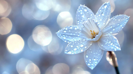 A stunning white flower adorned with dewdrops, set against a soft, blurred background. This image captures the delicate beauty of nature and brings a sense of freshness and tranquility.の素材