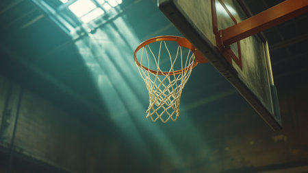A striking image of a basketball hoop in an industrial gym, illuminated by dramatic light rays. The atmosphere captures the essence of sports and competition.の素材