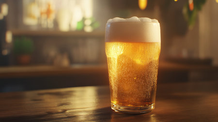 A refreshing glass of beer with a frothy top, showcasing golden amber colors and bubbles. Perfect for representing relaxation and enjoyment in bar settings.の素材
