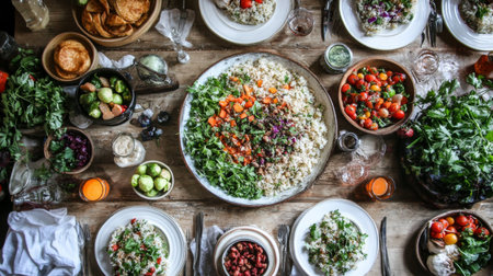 A beautifully arranged table filled with vibrant dishes, featuring fresh ingredients, colorful vegetables, and healthy options for a delightful dining experience.の素材