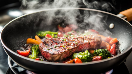 Juicy grilled steak sits atop a bed of vibrant vegetables in a sizzling pan. The steam rises, adding a touch of freshness to this mouth-watering meal.の素材