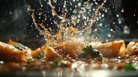 Captivating image of a dynamic water splash surrounding delicious food, highlighting fresh ingredients and a rich sauce, creating a stunning visual experience.の素材