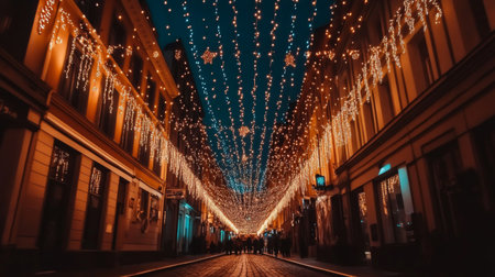 A picturesque street adorned with twinkling Christmas lights creates a magical atmosphere. The blend of vibrant colors enhances the festive spirit during a winter evening.の素材