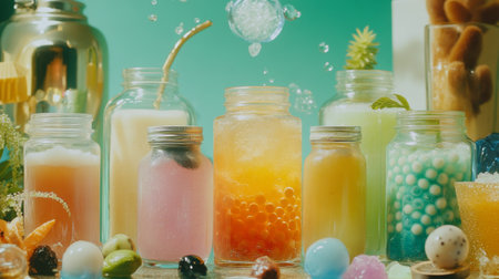 A vibrant display of assorted refreshing beverages in glass jars, featuring colorful ingredients and bubbles creating a lively summer atmosphere. Perfect for inspiration.の素材