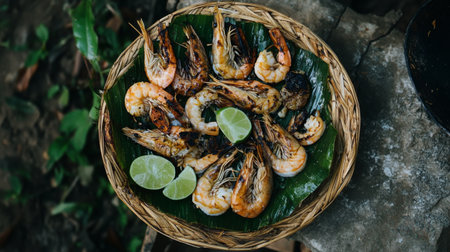 Beautifully arranged grilled shrimp on a banana leaf, garnished with fresh lime slices. Perfect for seafood lovers and summer dining experiences.の素材