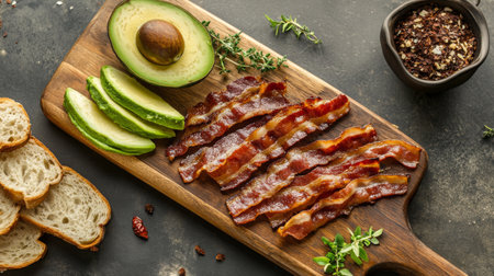 A mouthwatering arrangement of crispy bacon, fresh avocado slices, and rustic bread on a wooden board, surrounded by herbs, perfect for a brunch or snack.の素材