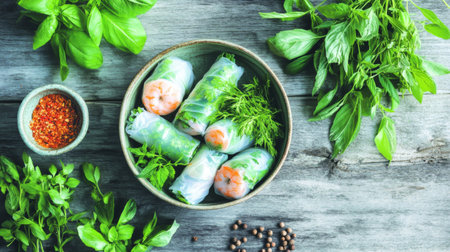 Bright and colorful spring rolls filled with shrimp and fresh herbs, surrounded by vibrant greenery and spices on a rustic wooden table. Ideal for healthy eating.の素材