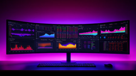 A sleek data analytics workstation featuring multiple screens displaying vibrant graphs and statistics, ideal for finance and technology professionals.の素材