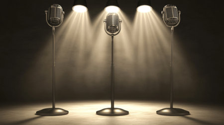 A set of vintage microphones illuminated by dramatic spotlights in a dark room, creating an artistic and engaging atmosphere suitable for music and performance.の素材