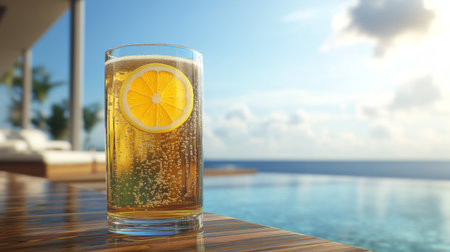 A refreshing lemon drink sits by the poolside, capturing the essence of summer. The vibrant colors and sparkling bubbles make it perfect for a relaxing day.の素材