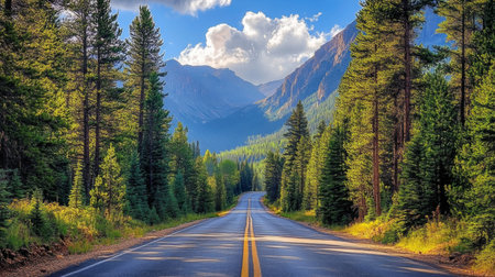 A picturesque highway stretches through a vibrant green forest, flanked by majestic mountains under a bright blue sky with fluffy clouds. Ideal for travel and nature themes.の素材