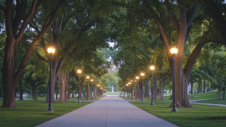 A picturesque tree-lined pathway illuminated by street lamps creates a tranquil atmosphere in the early evening, inviting leisurely strolls through natureの素材