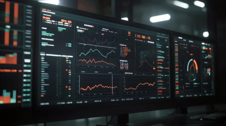 Modern stock market analysis dashboard displaying colorful graphs and charts. This high-tech setup provides insights into financial trends and performance metrics.の素材