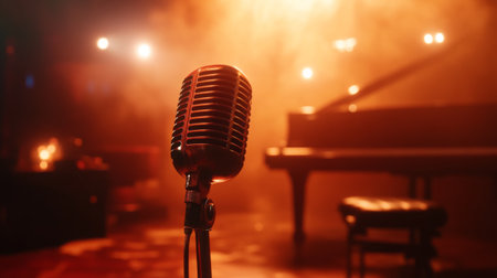A vintage microphone stands poised before a grand piano, surrounded by a warm, smoky atmosphere, creating an inviting ambiance for music lovers and performers alike.の素材