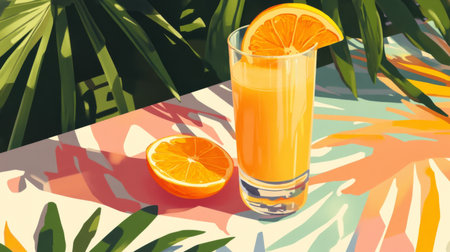 A refreshing glass of orange juice garnished with a slice sits on a table adorned with vibrant tropical patterns and surrounded by lush greenery.の素材