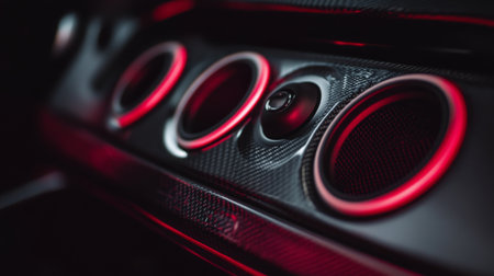 This captivating close-up image showcases a car dashboard featuring stylish neon lighting. The intricate details highlight luxury and modern technology in automotive design.の素材