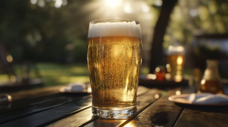 A cold, refreshing glass of beer sits on a wooden table bathed in warm sunlight, capturing the essence of summer leisure and outdoor enjoyment perfect for social gatherings.の素材