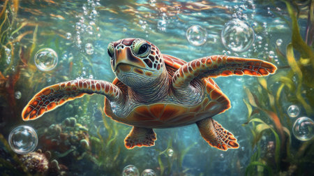 A vibrant sea turtle gracefully swims through a serene underwater world, surrounded by bubbles and lush marine life, showcasing nature's beauty and tranquility.の素材